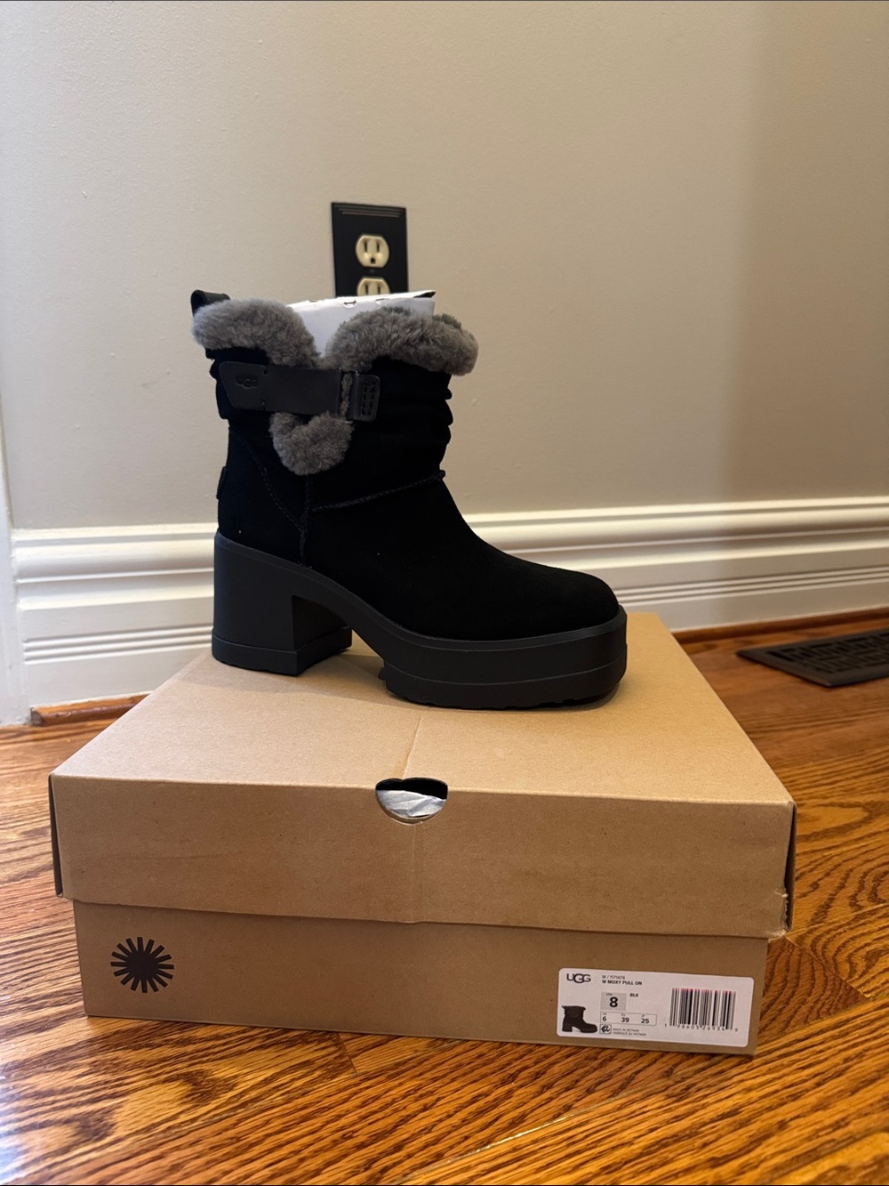 UGG Black Suede Platform Ankle Boot with Gray Shearling